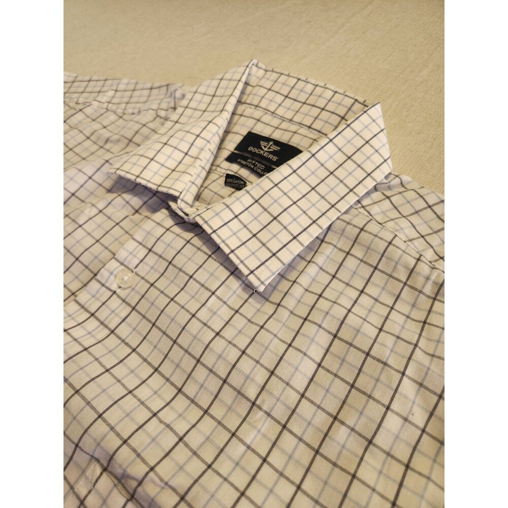 Dockers Men's White/Blue/Gray Check Stretch Cotton Dress Shirt L 16.5 32/33 #004